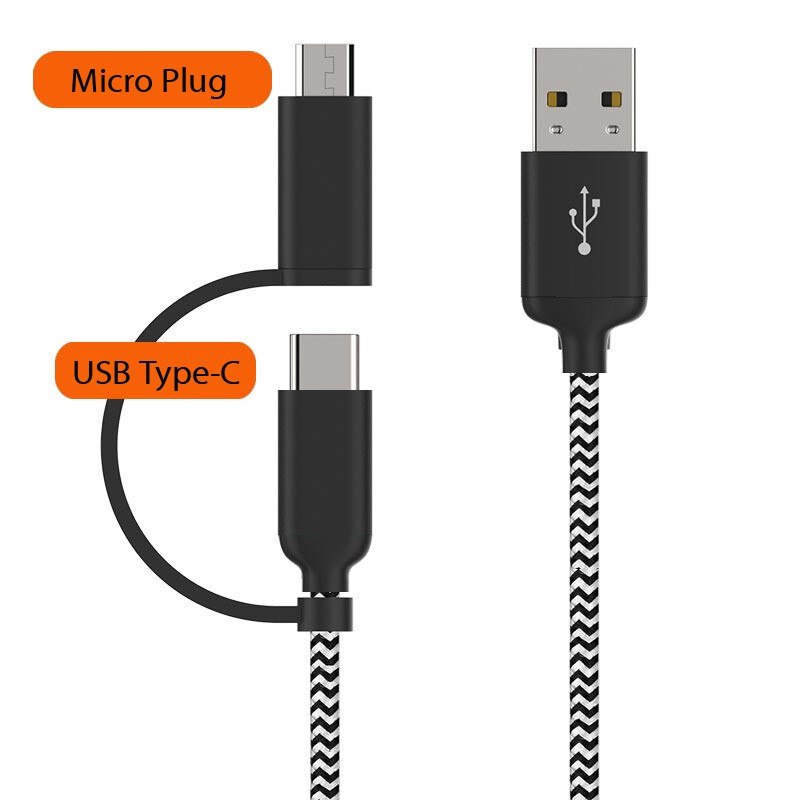 2 in 1 USB Type C Cable Micro USB Cable 3FT 1M Nylon Braided Black Color Copper Patch Cord Electronics