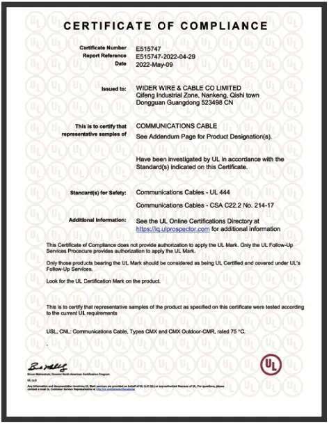 Wider Cable - Certificate of Compliance 2 - Ethernet, PoE, and USB Cable Manufacturer - China and Vietnam