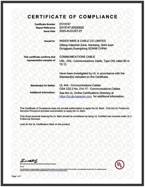 Wider Cable - Certificate of Compliance - Ethernet, PoE, and USB Cable Manufacturer - China and Vietnam
