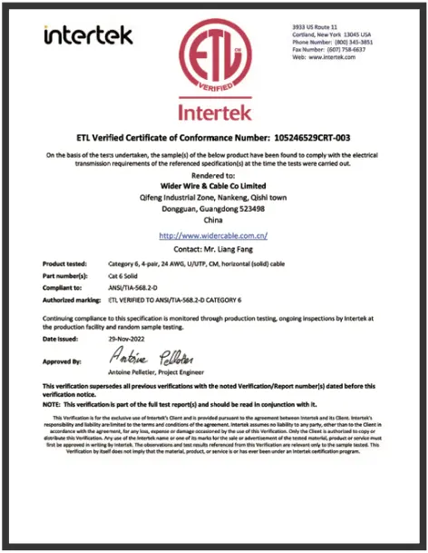 Wider Cable - ETL Verified & Certified - Intertek - Ethernet, PoE, and USB Cable Manufacturer - China and Vietnam
